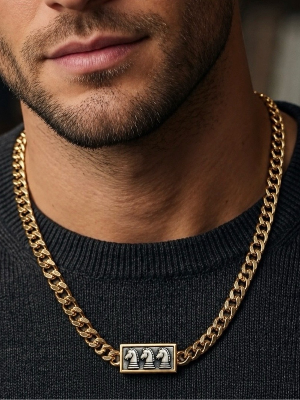 Men’s Tailored Male Gold Curb Chain Necklace with Knight Chess Horses